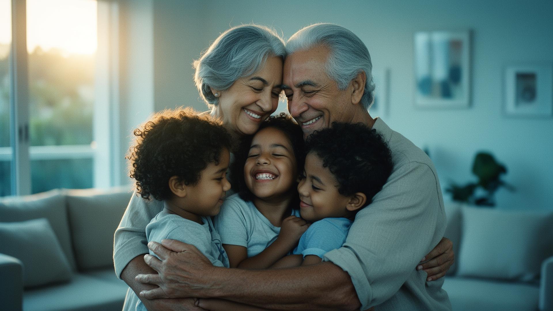 Família multigeracional brasileira em um abraço acolhedor